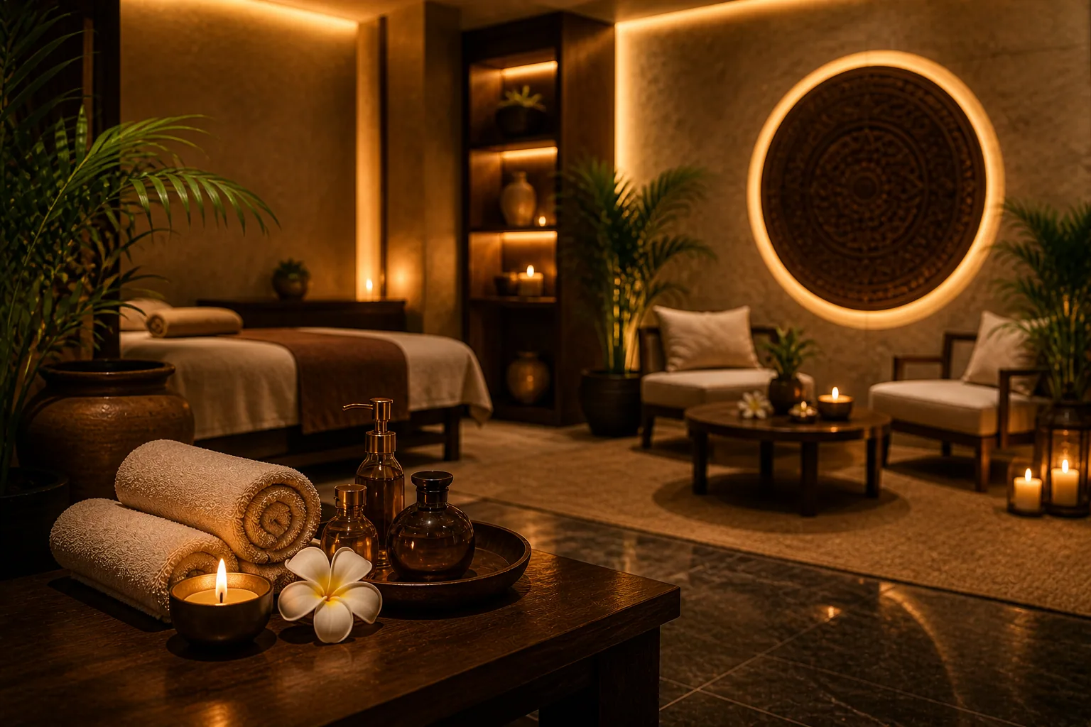 Warm, softly lit interior at Novara Thai Spa, Dubai
