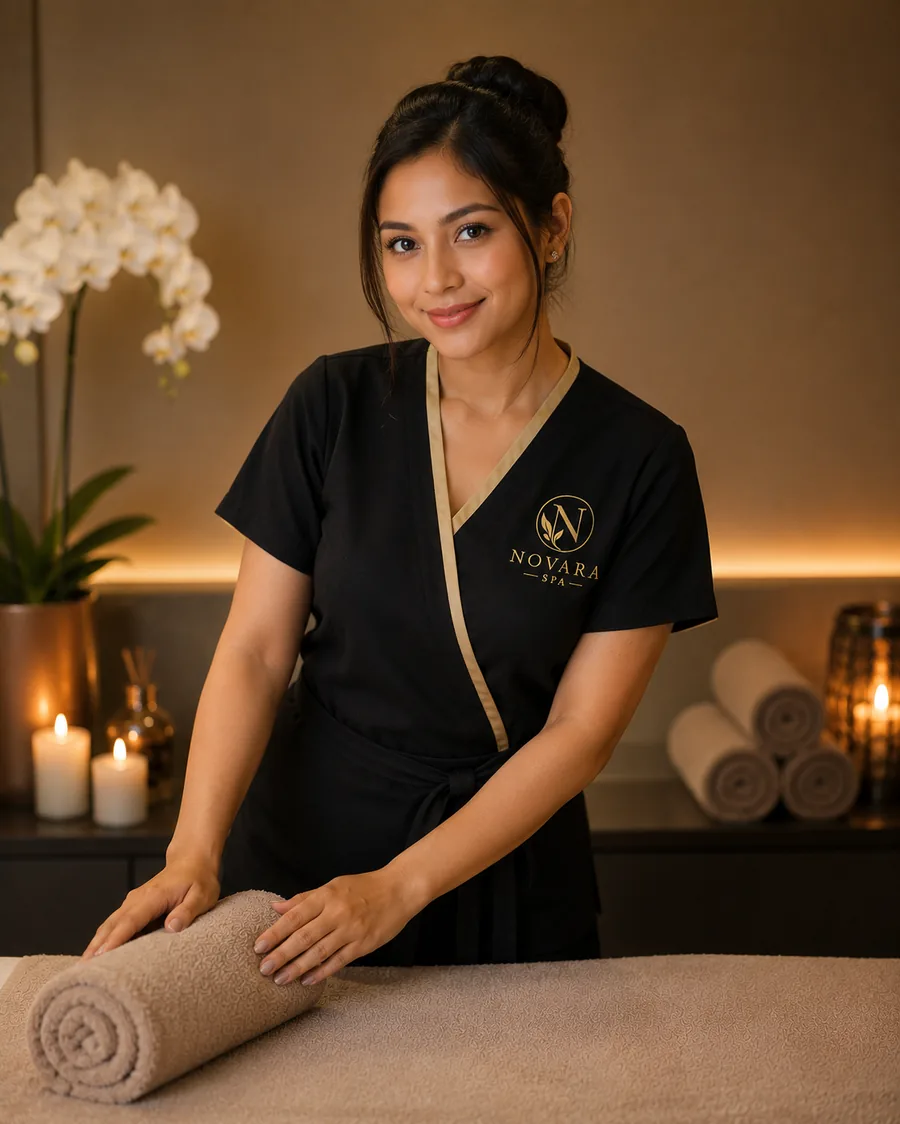 Novara Thai Spa therapist preparing a treatment room