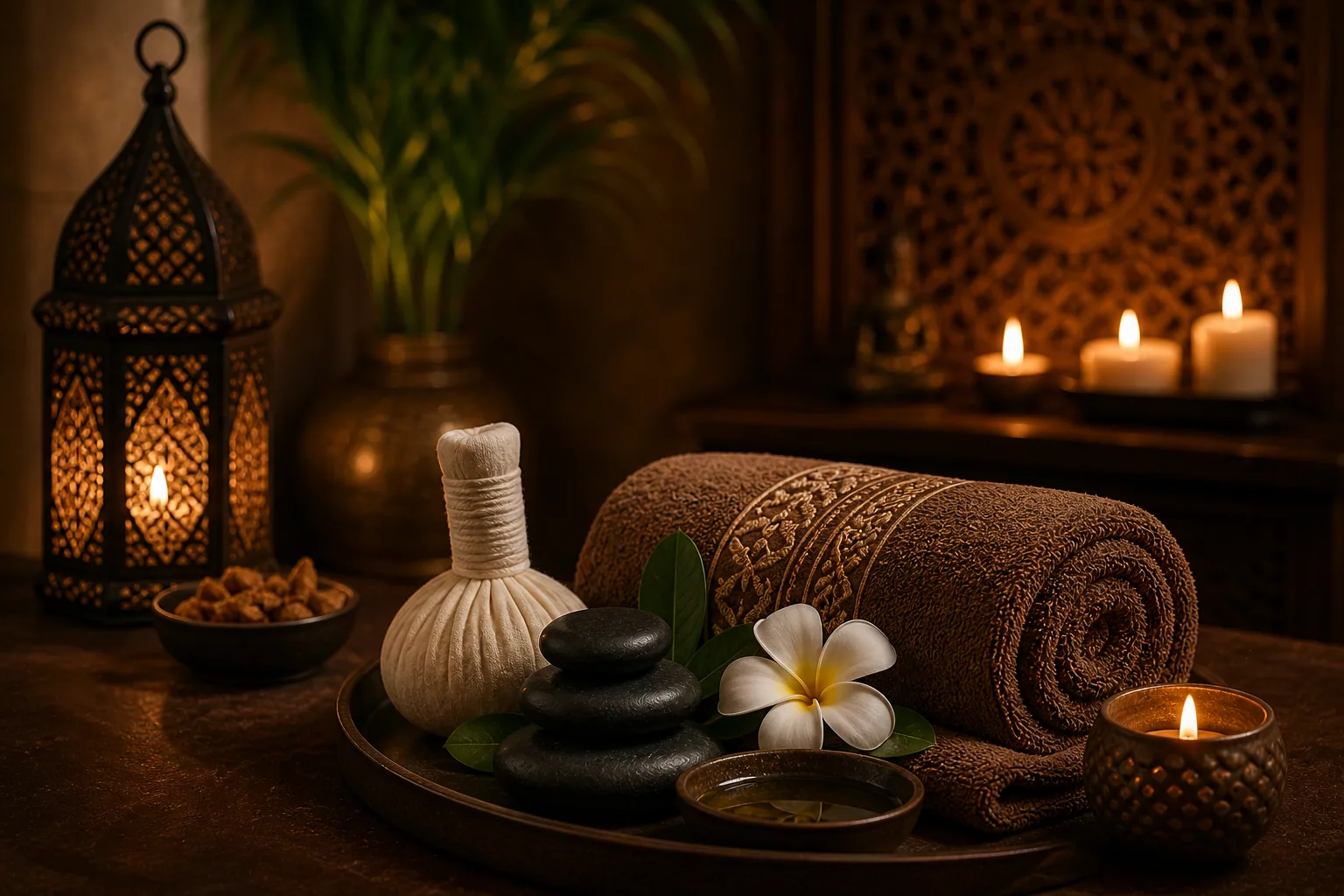 Calm ambience corner with candles and greenery at Novara Thai Spa