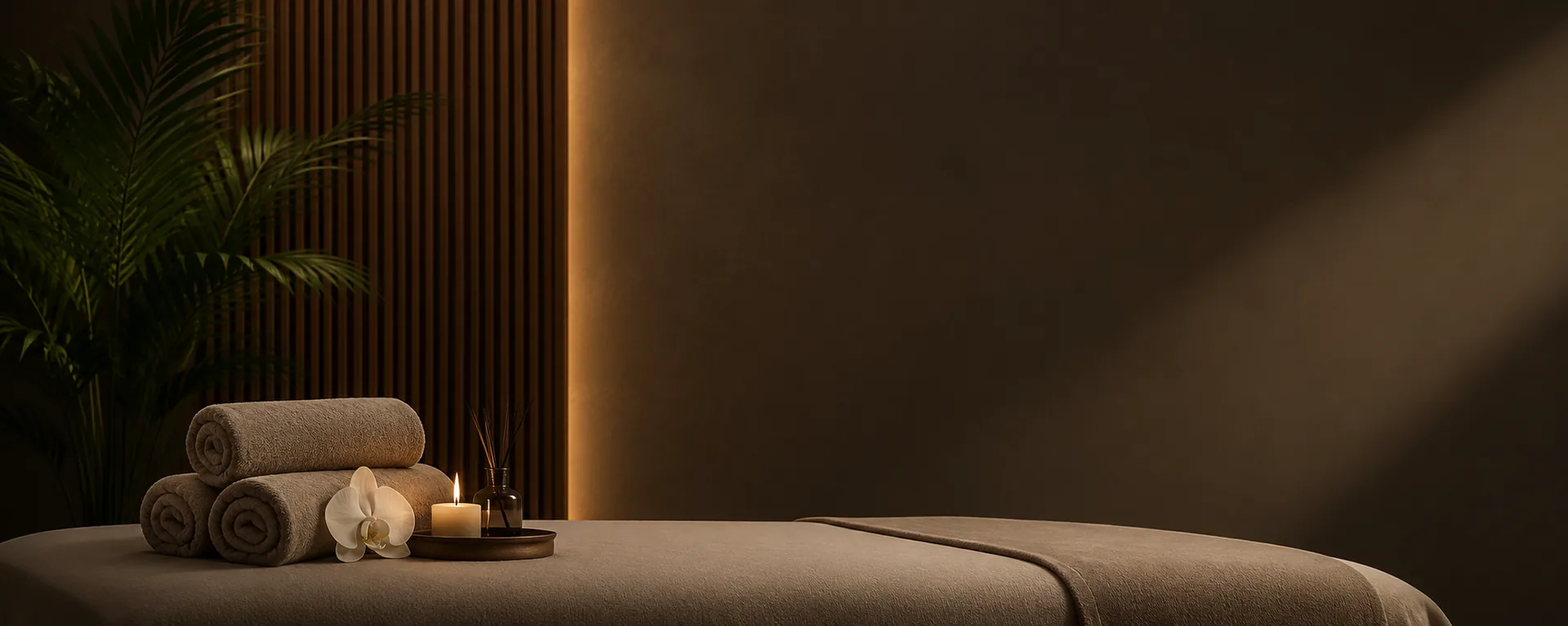 Candlelit massage bed with rolled towels and orchids in a private treatment room at Novara Thai Spa, Dubai