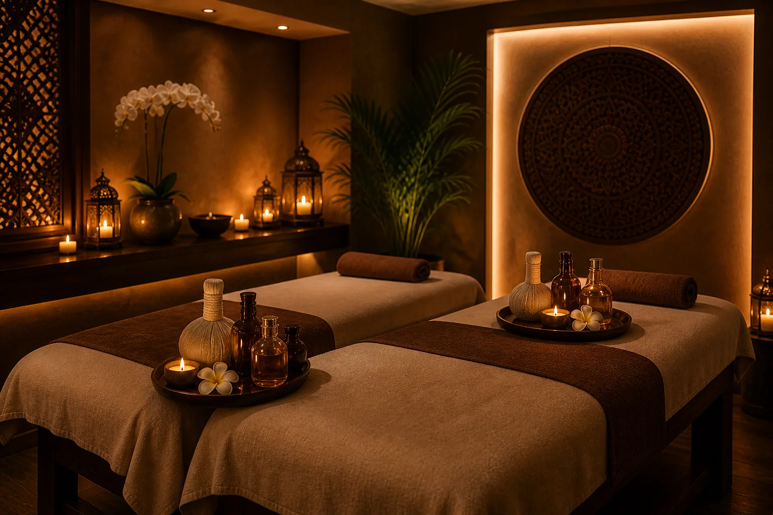 Two massage beds set up together in a private couples treatment room