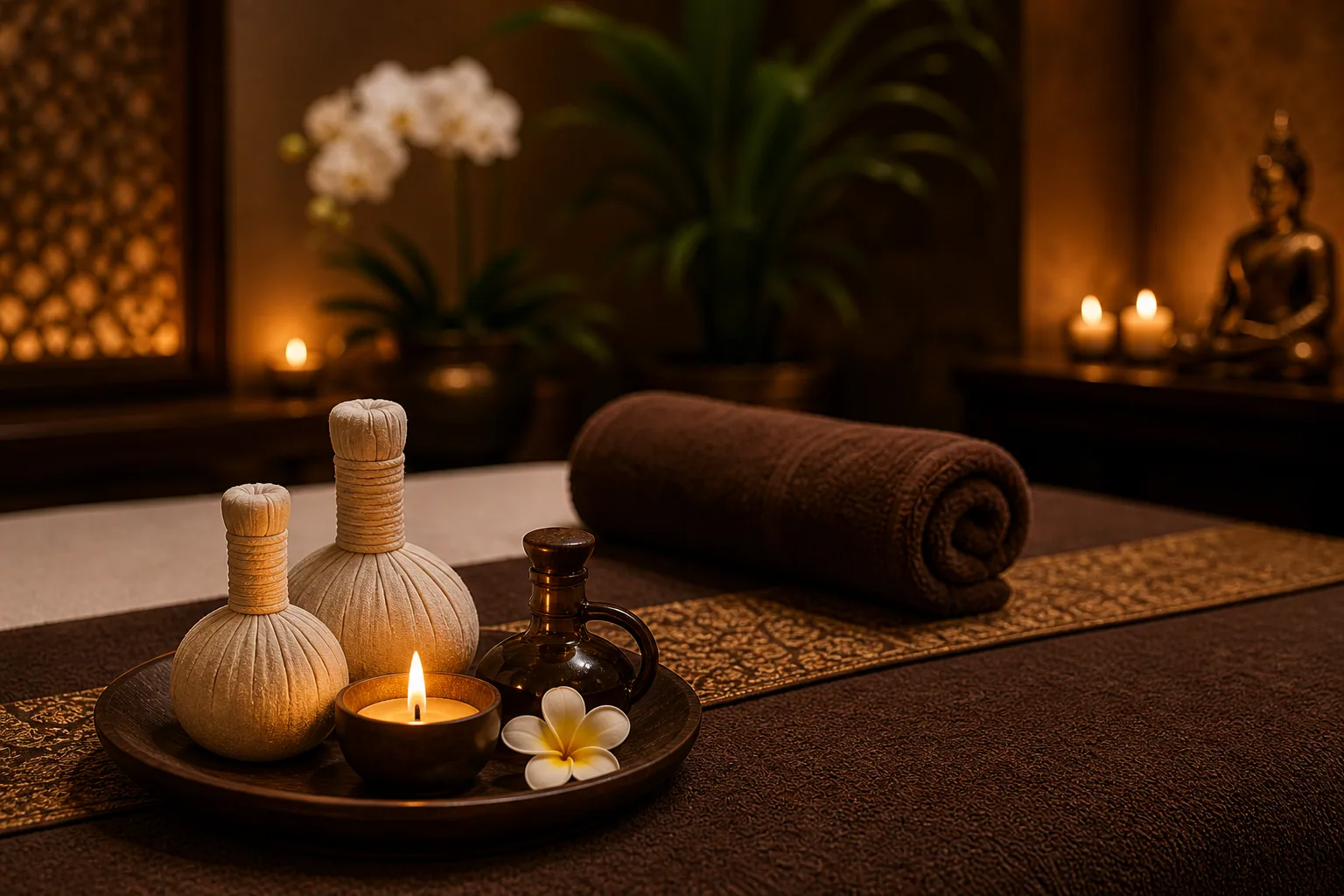 Traditional Thai massage setup with hot stones, frangipani flowers and rolled towels at Novara Thai Spa