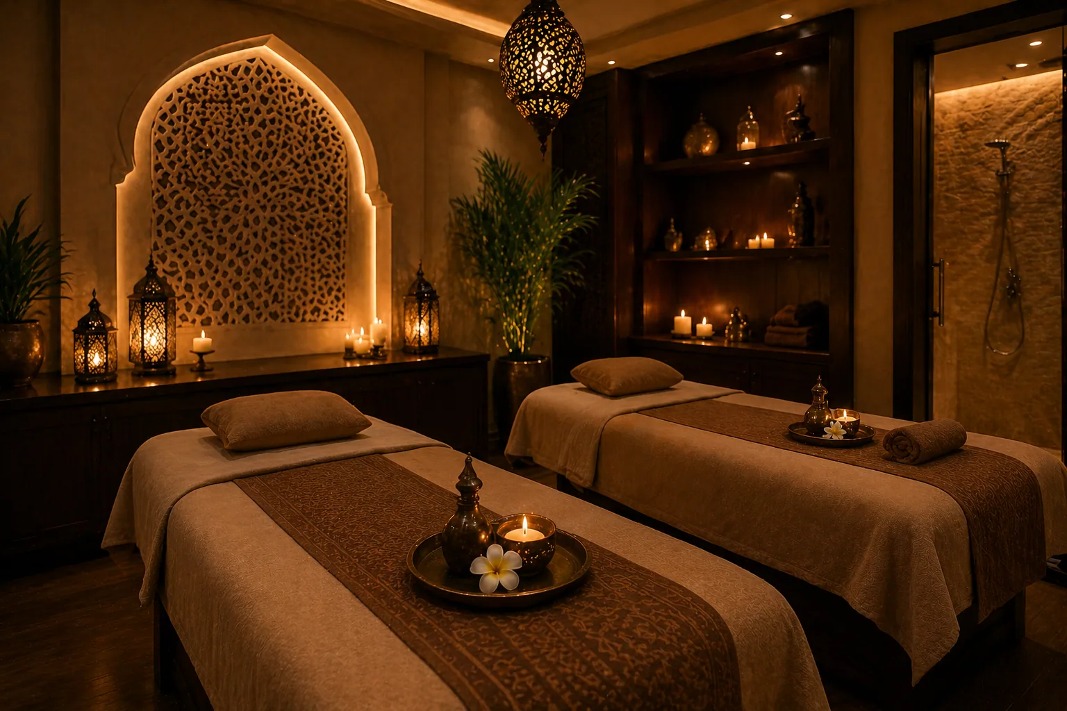 Private treatment room set up for a massage session, softly lit