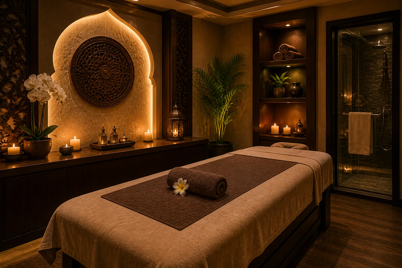 Massage bed with folded linens in a calm, neutral-toned treatment room