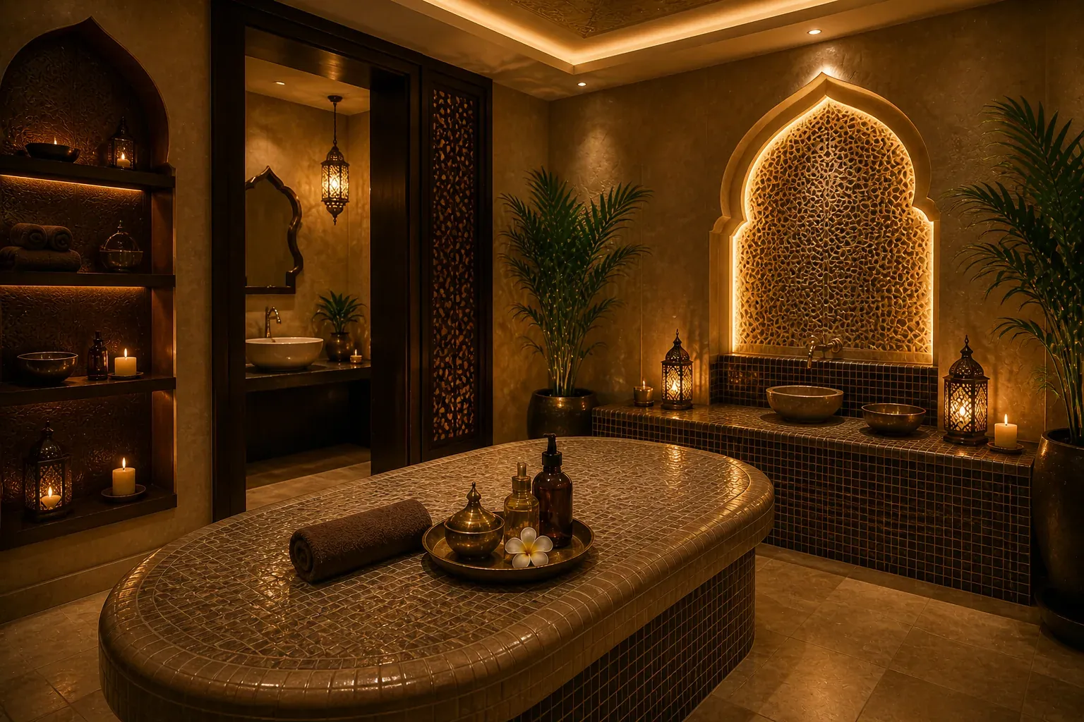 Elegant tiled treatment corner with warm lighting at Novara Thai Spa