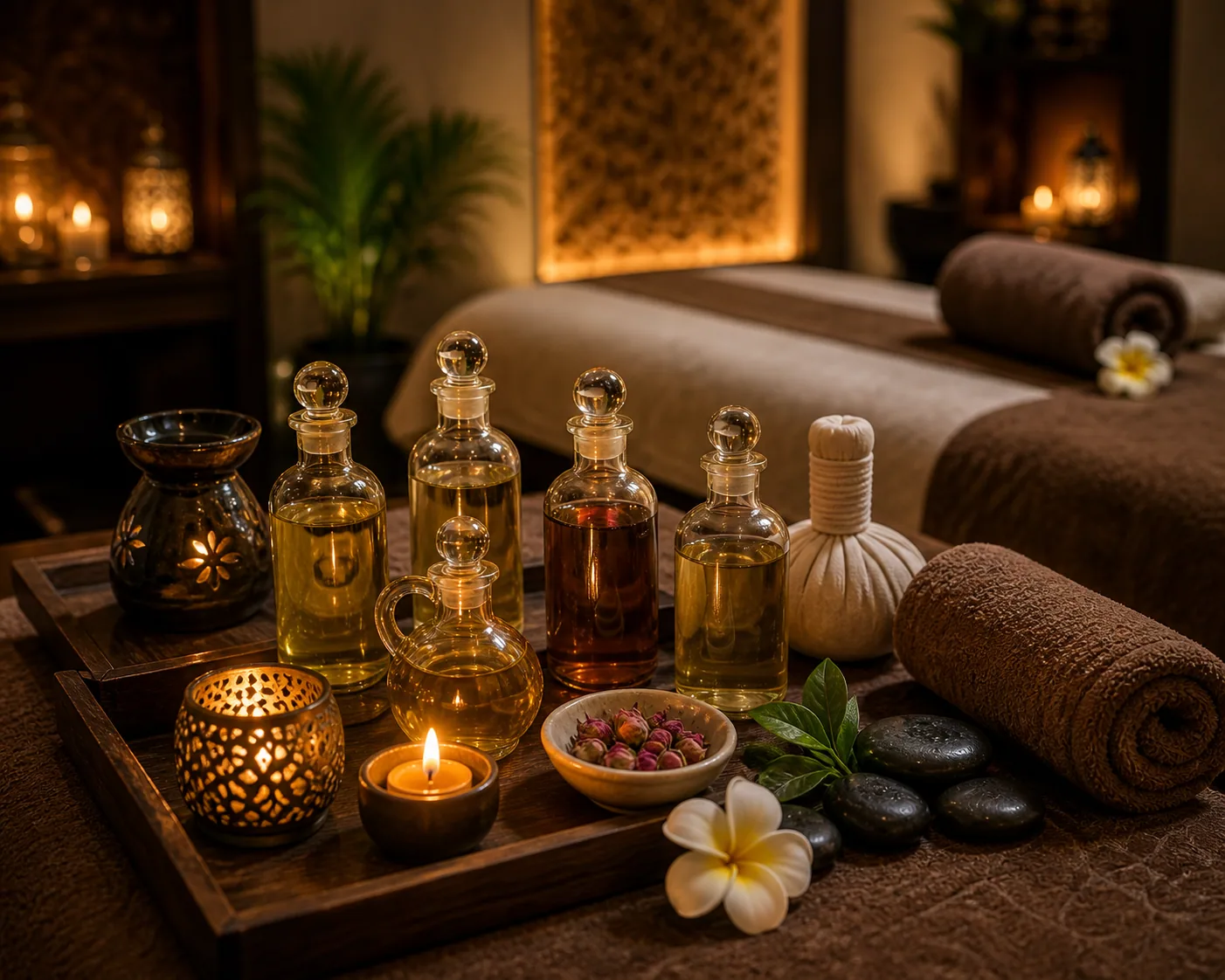 Detail shot of rolled towels, candles and orchids inside Novara Thai Spa