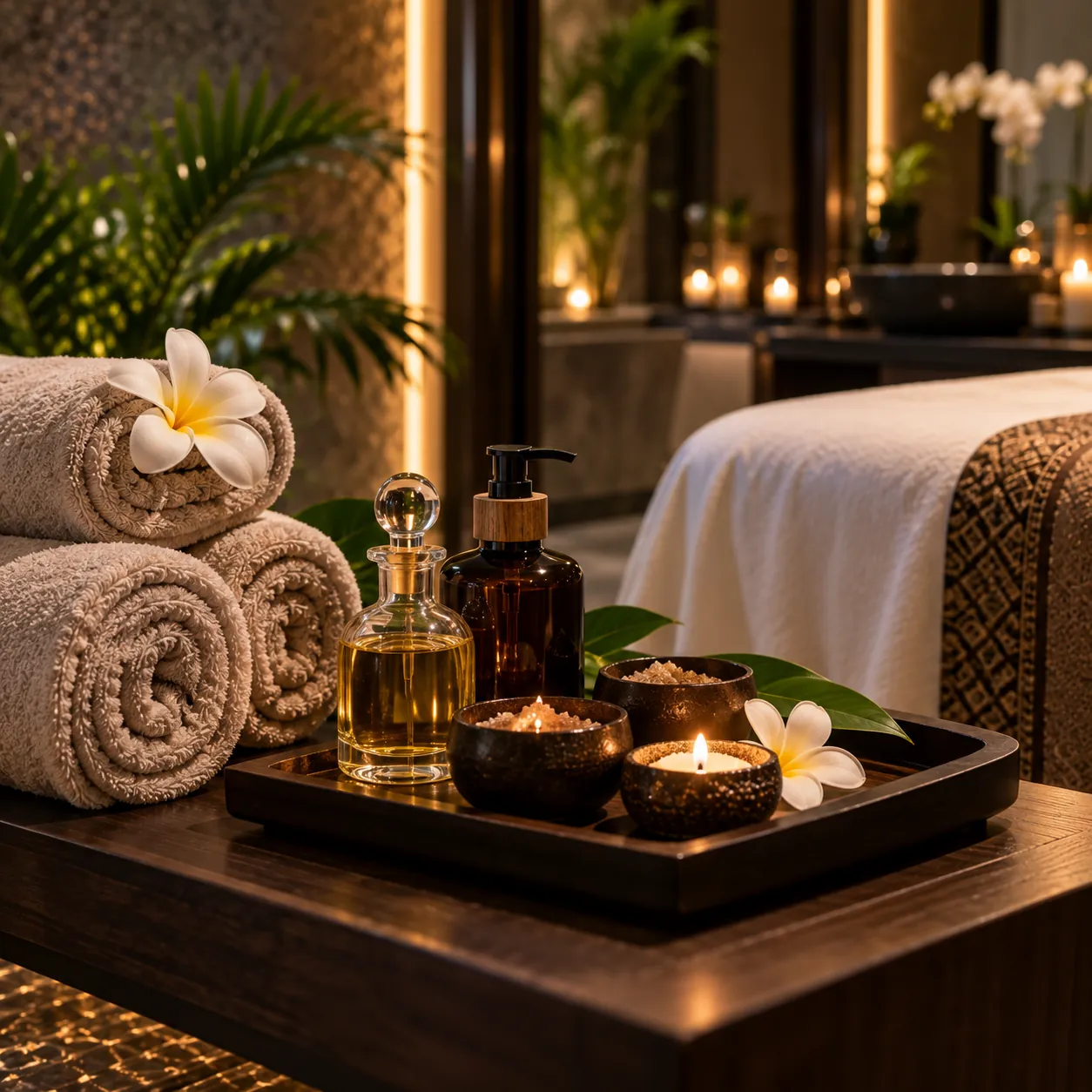 Essential oils, warm towels and candles prepared for an aromatherapy massage