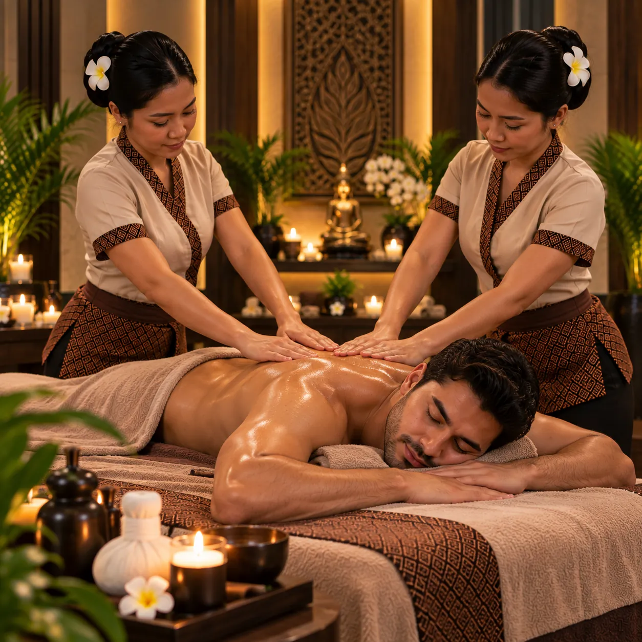 Two therapists performing a synchronised four hands massage at Novara Thai Spa