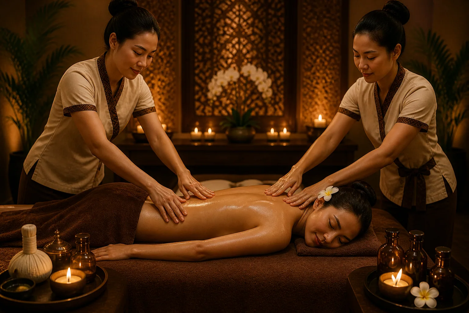 Two therapists preparing a treatment room for a Four Hands massage session at Novara Thai Spa