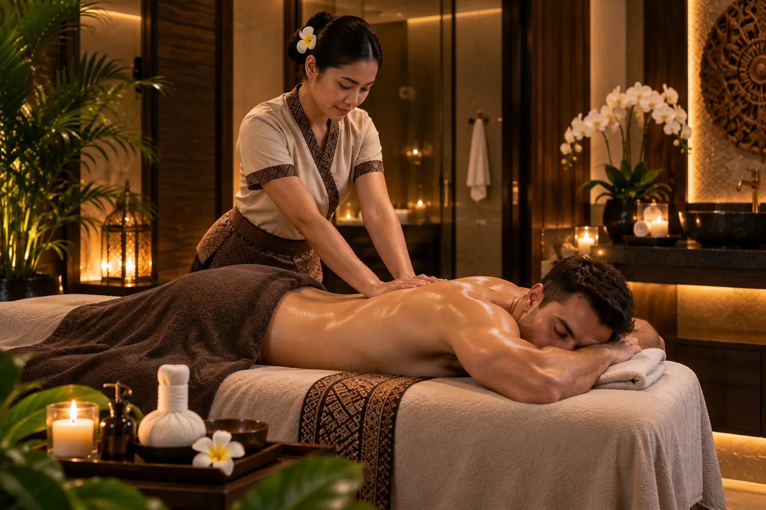 Relaxing Swedish back massage with warm oil in a candle-lit treatment room