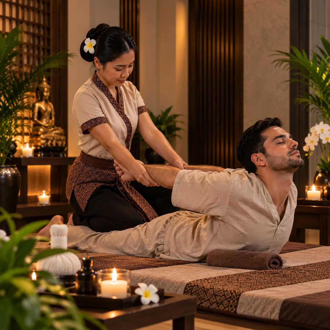 Therapist performing a traditional Thai stretching massage on a guest in a private room at Novara Thai Spa