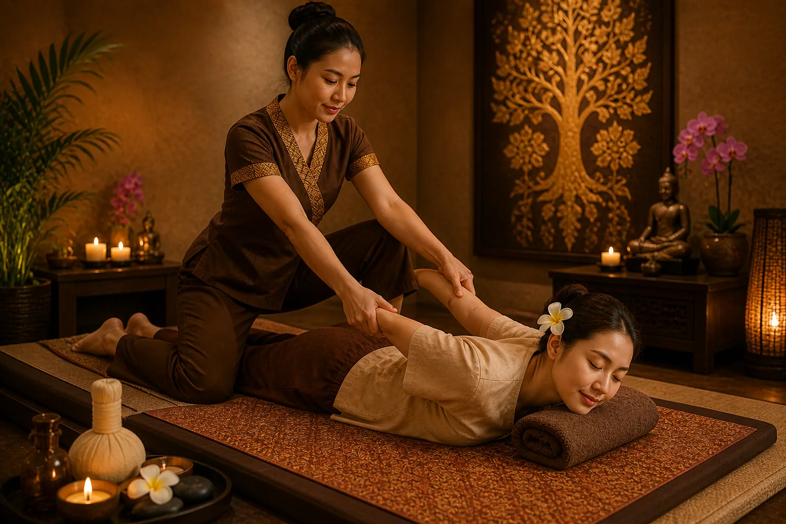 Traditional Thai massage setup with hot stones, rolled towels and frangipani flowers at Novara Thai Spa